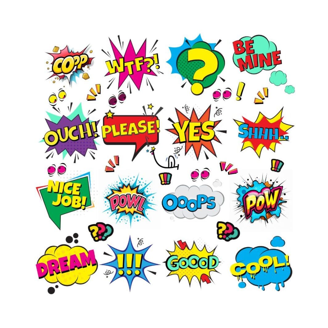 this image shows a collection of comic whimsy stickers that can be downloaded from sharekknonline.com and used digitally or downloadable for Cricut or other cutting tools.