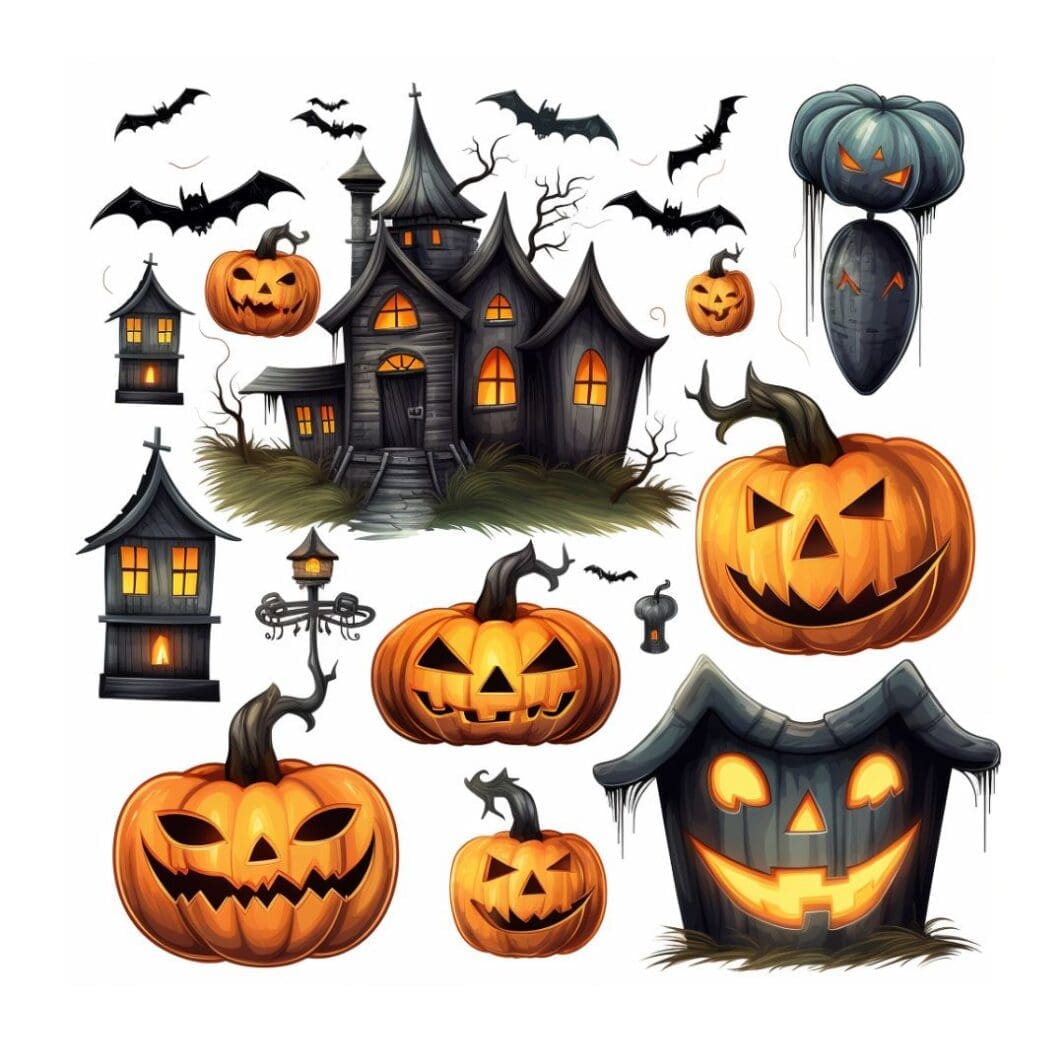 This image contains a collection of Halloween spooky stickers and is available to download in different formats on sharekknaonline.com. The stickers are PNG transparent background can be downloaded through a link and used digitally or printed and cut with Cricut or other cutting tools.