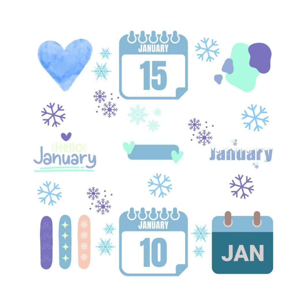 This image contains a collection of Winter Joy Stickers and is available to download in different formats on sharekknaonline.com. The stickers are PNG transparent background can be downloaded through a link and used digitally or printed and cut with Cricut or other cutting tools.