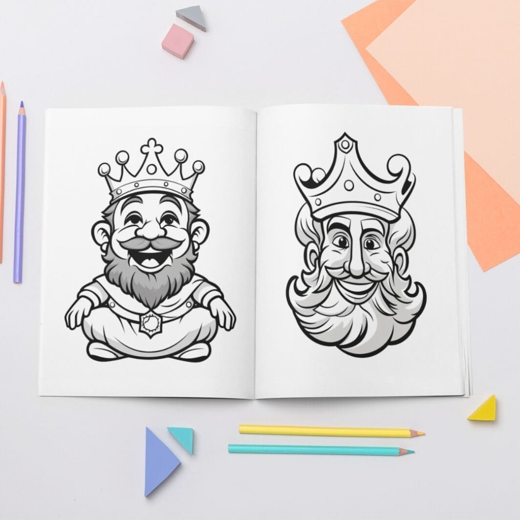 This image contains a kings and castles Printable coloring busy book that open to pages with designs for download and print for kids and adults. The busy book is available uniquely at SharekknaOnline.com. It can be downloaded instantly and printed at home or your local print house. Numerous engaging and educational activities wait for parents and kids. From traditional coloring sessions with crayons, colored pencils, or markers to sparking imagination through storytelling based on the busy book's images, there's ample room for creativity.