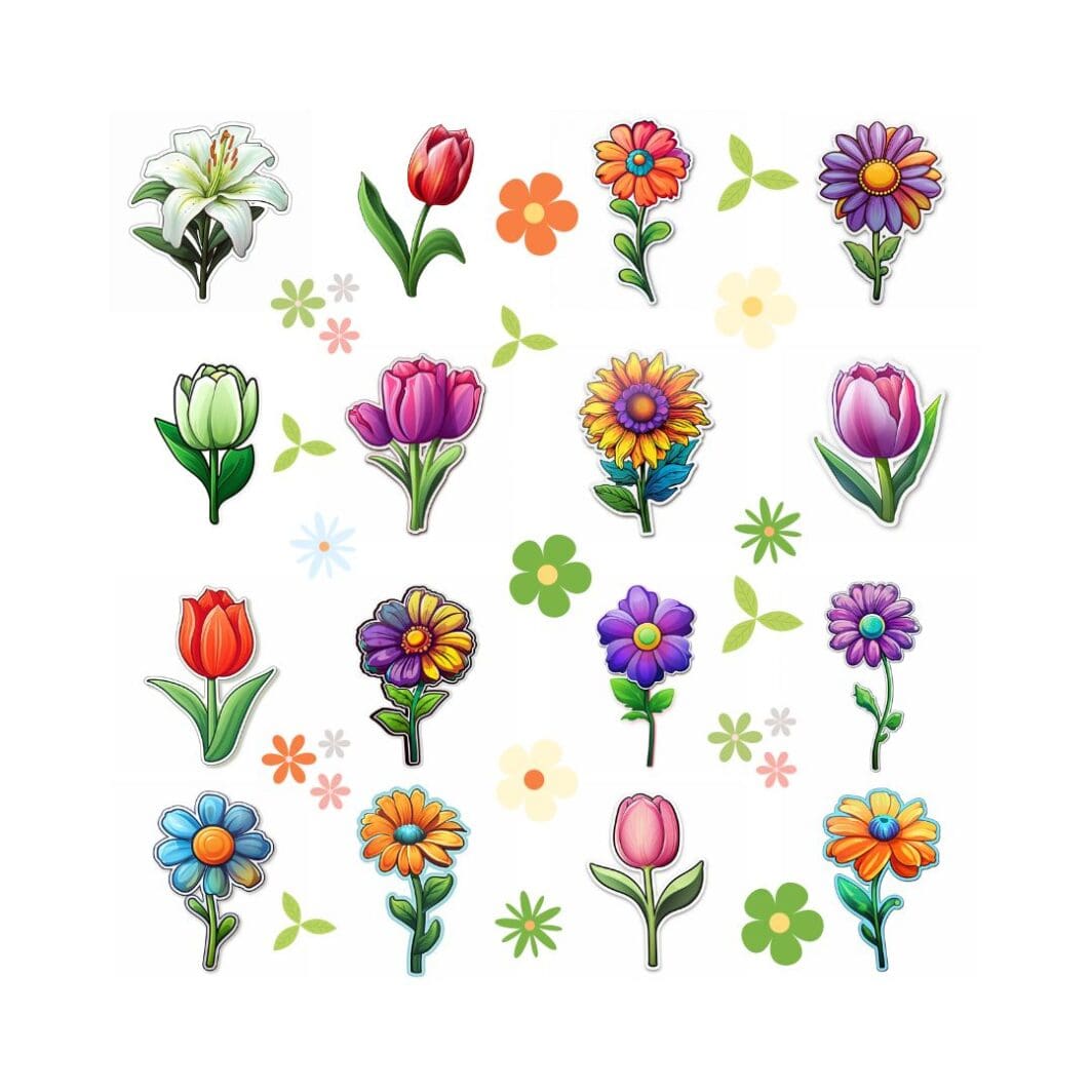 This image contains a collection of flower stickers and is available to download in different formats on sharekknaonline.com. The stickers are PNG transparent background can be downloaded through a link and used digitally or printed and cut with Cricut or other cutting tools.