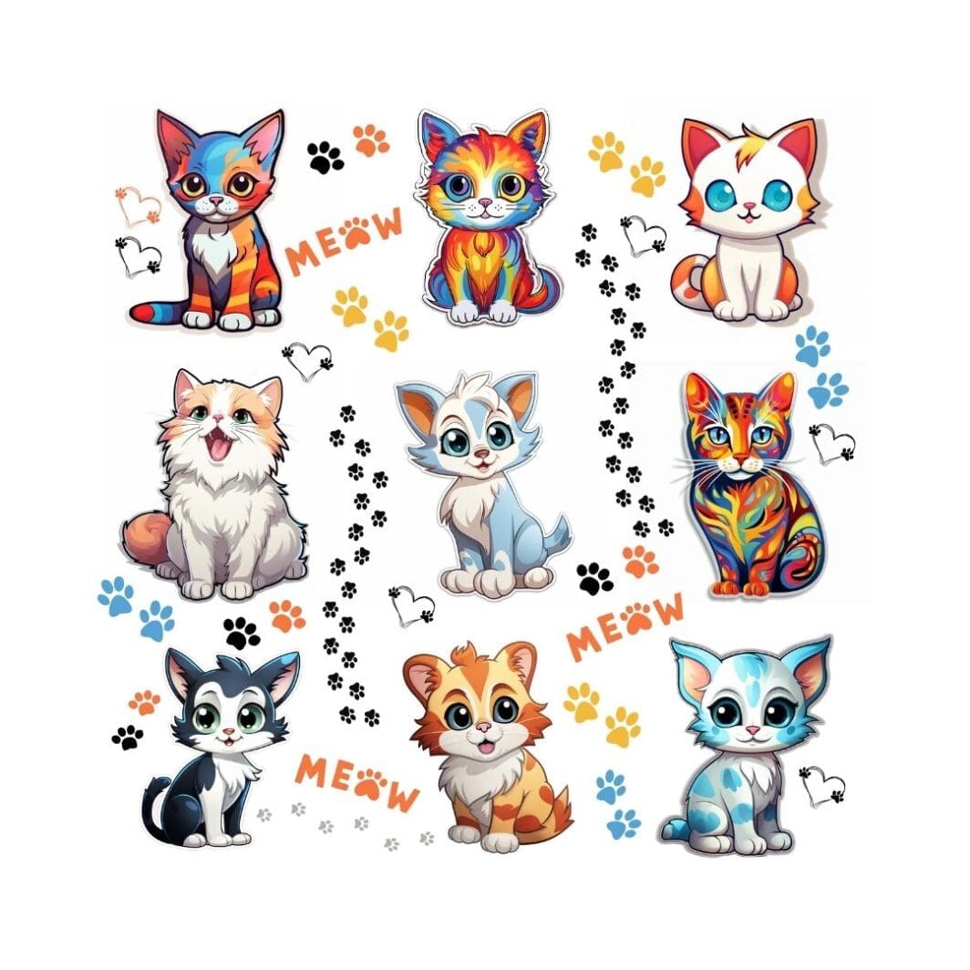 this image contains a collection of cute cat stickers and Kawaii cats stickers that can be downloaded on sharekknaonline.com.