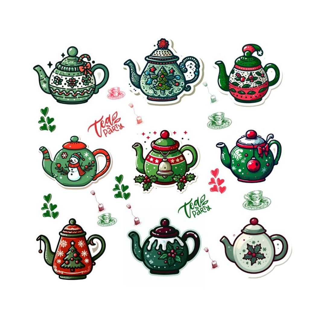 This image shows cute christmas teapots stickers, posted on shrekknaonline.com, for download and use in planners, journals, and other projects.
