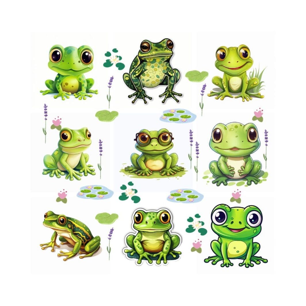 This image contains a collection of green frogs stickers and is available to download in different formats on sharekknaonline.com. The stickers are PNG transparent background can be downloaded through a link and used digitally or printed and cut with Cricut or other cutting tools.