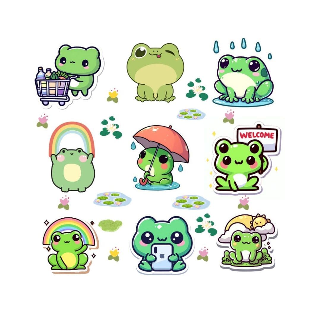 This image contains a collection of kawaii frogs stickers and is available to download in different formats on sharekknaonline.com. The stickers are PNG transparent background can be downloaded through a link and used digitally or printed and cut with Cricut or other cutting tools.