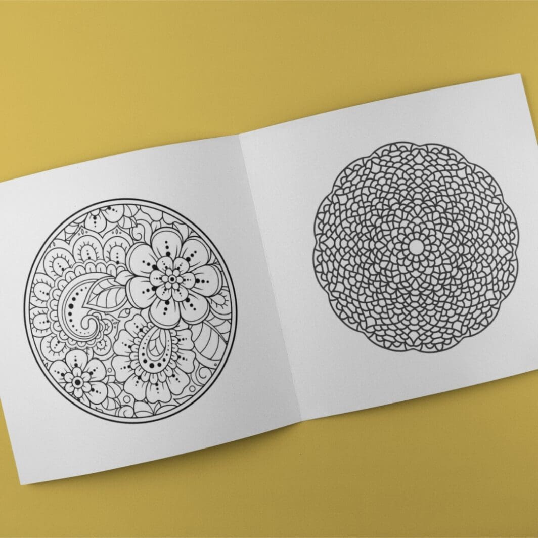 This is an image of a highly detailed black and white mandala coloring page with symmetrical patterns, including floral motifs and geometric shapes. Perfect for stress relief and creative expression, this intricate mandala design is ideal for artists of all ages. Download and print for a relaxing coloring experience.