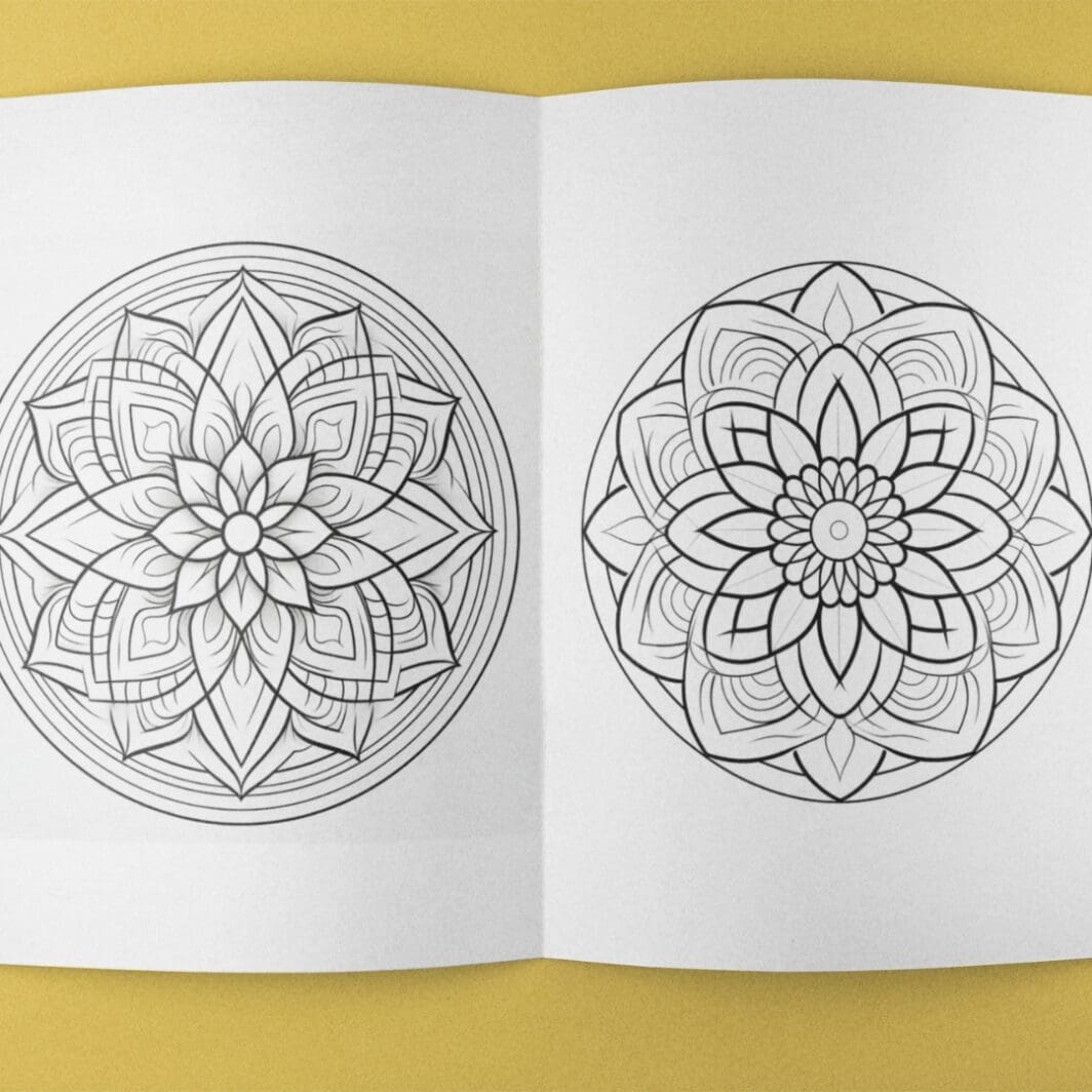 This is an image of a highly detailed black and white mandala coloring page with symmetrical patterns, including floral motifs and geometric shapes. Perfect for stress relief and creative expression, this intricate mandala design is ideal for artists of all ages. Download and print for a relaxing coloring experience.