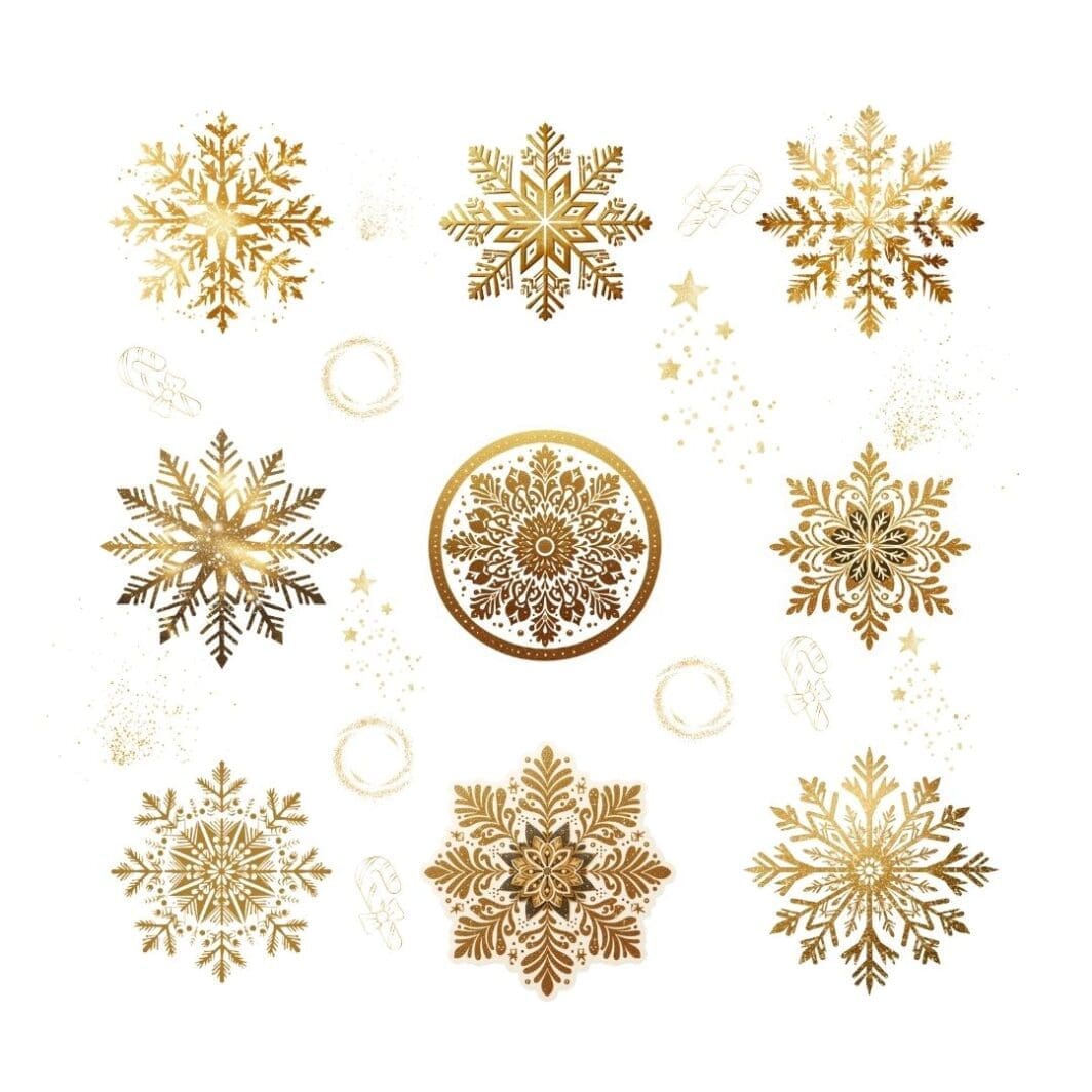 This image contains golden snowflakes SVG clipart that is used in Web Design for icons, logos, and illustrations, branding resized for various formats, from business cards to billboards, without losing quality, infographics without distortion, animation, Printable Materials, Educational Resources, Email Marketing, Presentation Slides in Microsoft PowerPoint or Google Slides, Cutting Machines for crafters Cricut or Silhouette, preferred format for cutting vinyl, paper, and other materials. They are available uniquely at SharekknaOnline.com. The clipart SVGs can be downloaded with transparent background and printed at home or your local print house.
