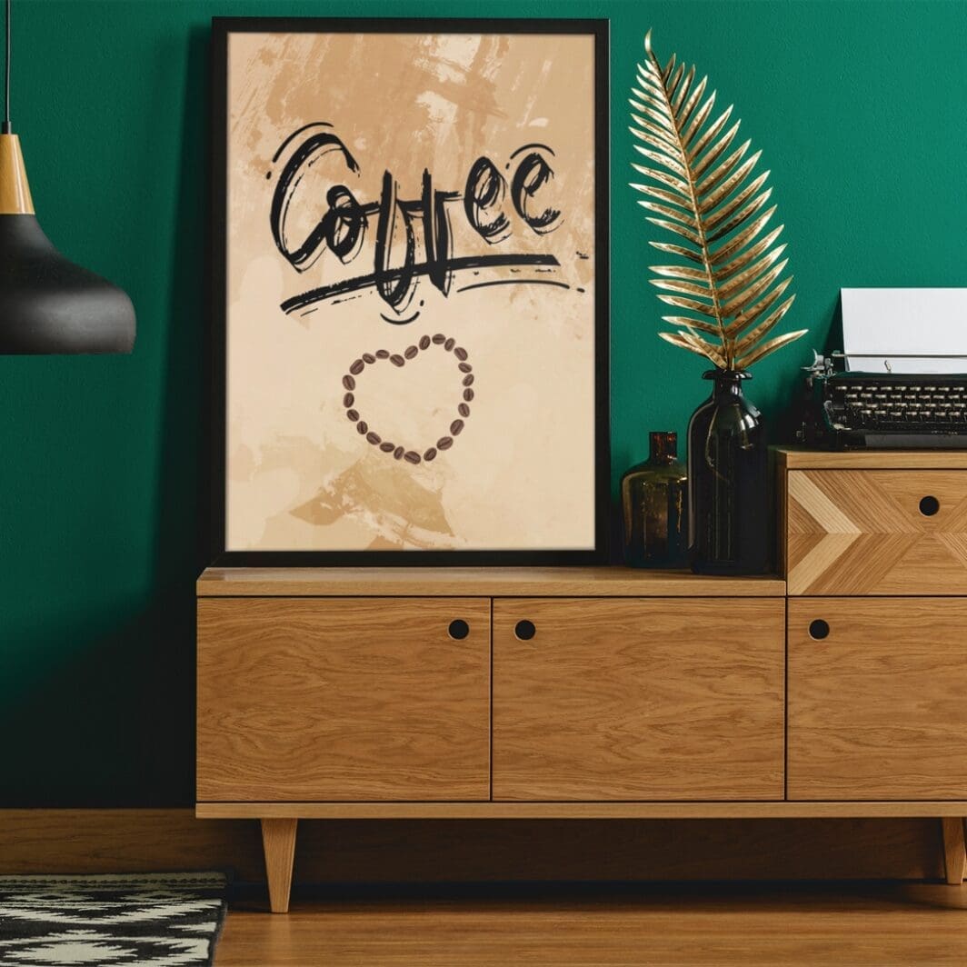 This image contains stylish coffee themed poster with humorous slogan perfect for home and office wall decor available at SharekknaOnline.com. The poster can be downloaded as pdf and printed at home or at the local print house on A3, A4 and A5 paper size.
