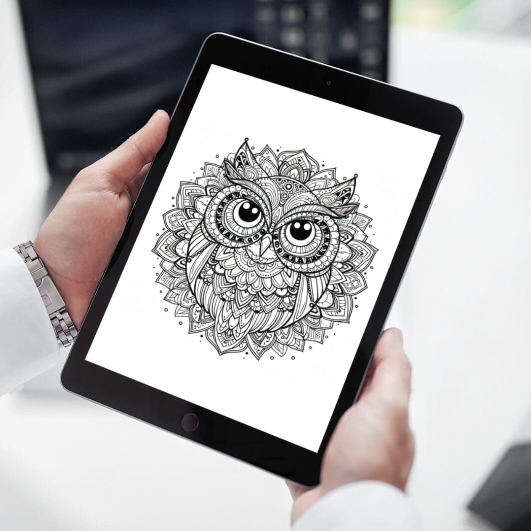 This is an owl image of a highly detailed black and white mandala coloring page with symmetrical patterns, including floral motifs and geometric shapes. Perfect for stress relief and creative expression, this intricate mandala design is ideal for artists of all ages. Download and print for a relaxing coloring experience.