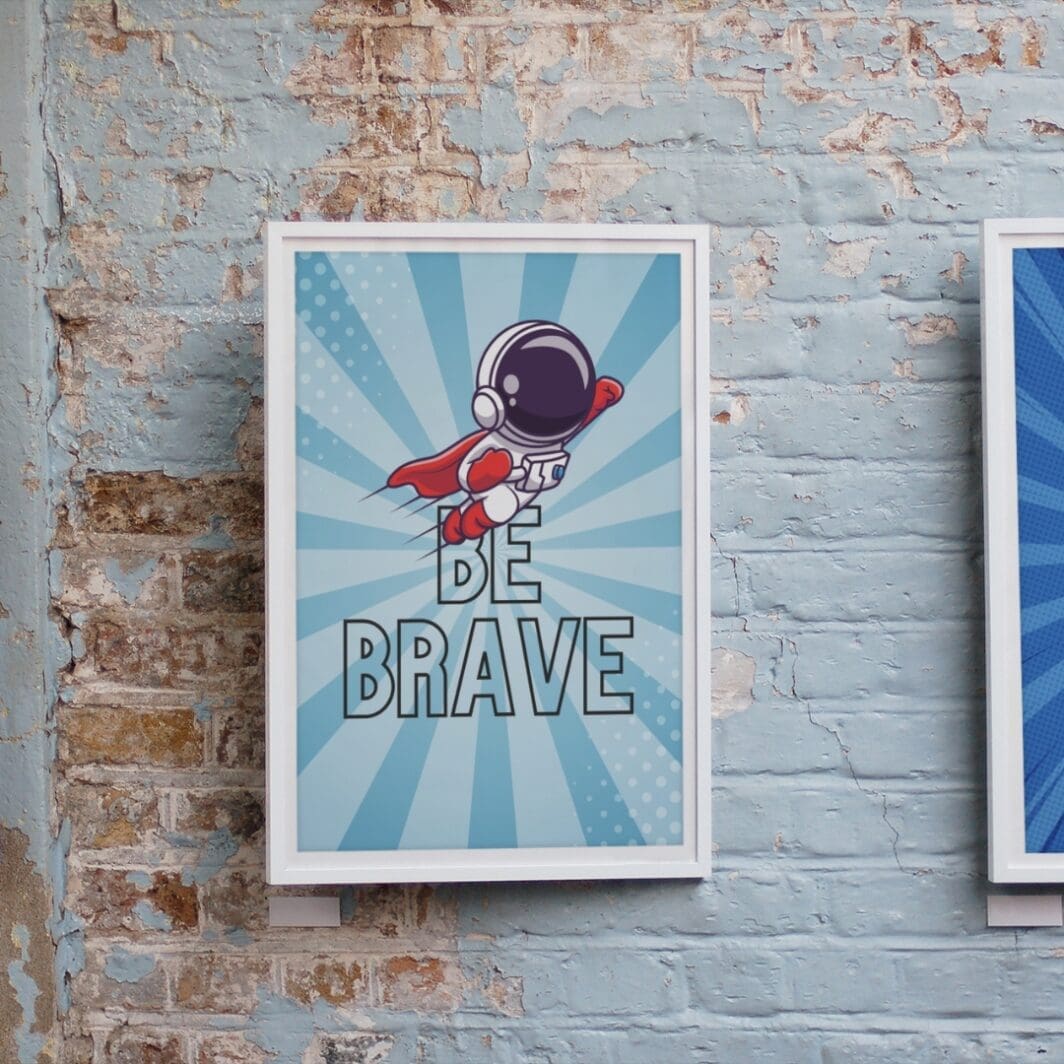 This image contains stylish be brave superheroes themed poster with humorous slogan perfect for home and office wall decor available at SharekknaOnline.com. The poster can be downloaded as pdf and printed at home or at the local print house on A3, A4 and A5 paper size.
