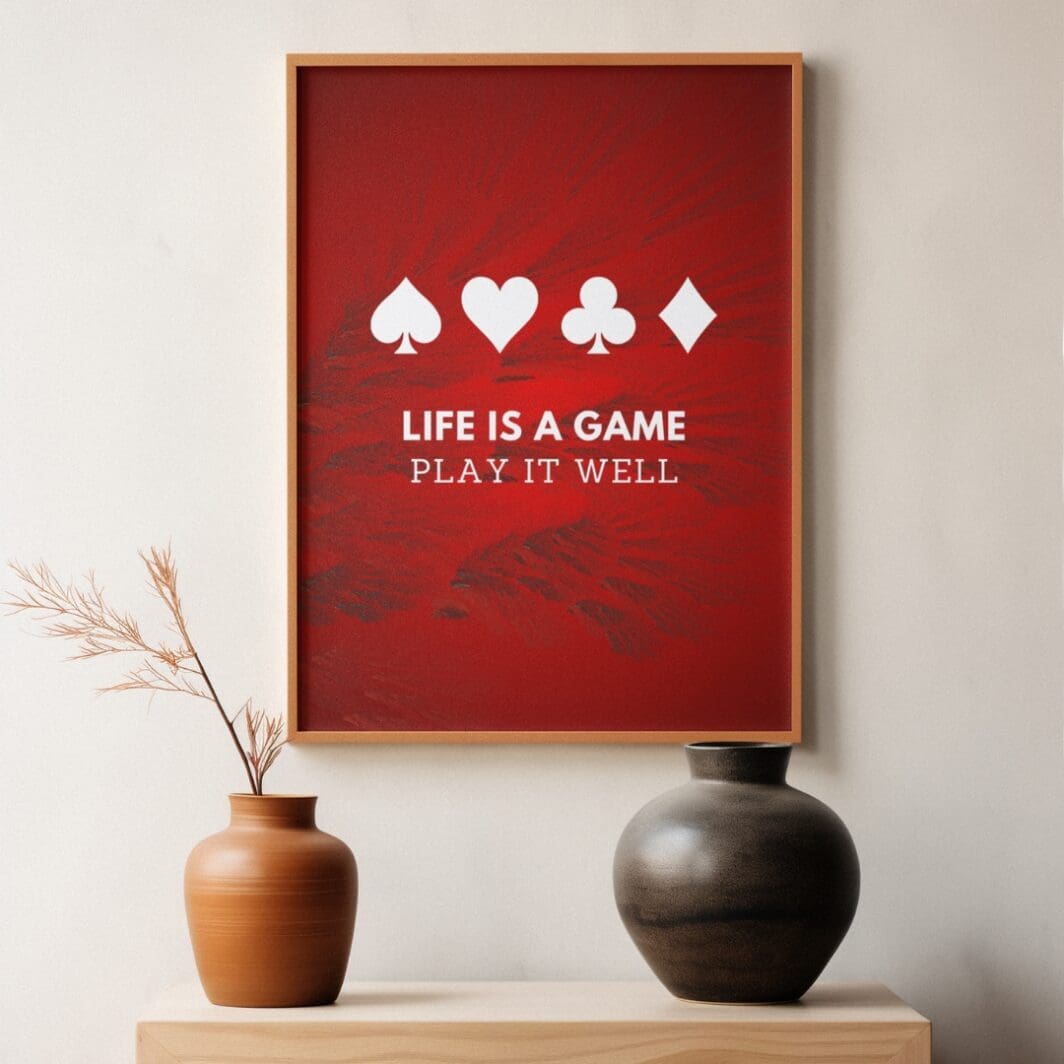 This image contains stylish play cards retro themed poster with emotional and motivational slogans, perfect for home and office wall art and wall decor, available at SharekknaOnline.com. The poster can be downloaded as pdf and printed at home or at the local print house on A3, A4 and A5 paper size.