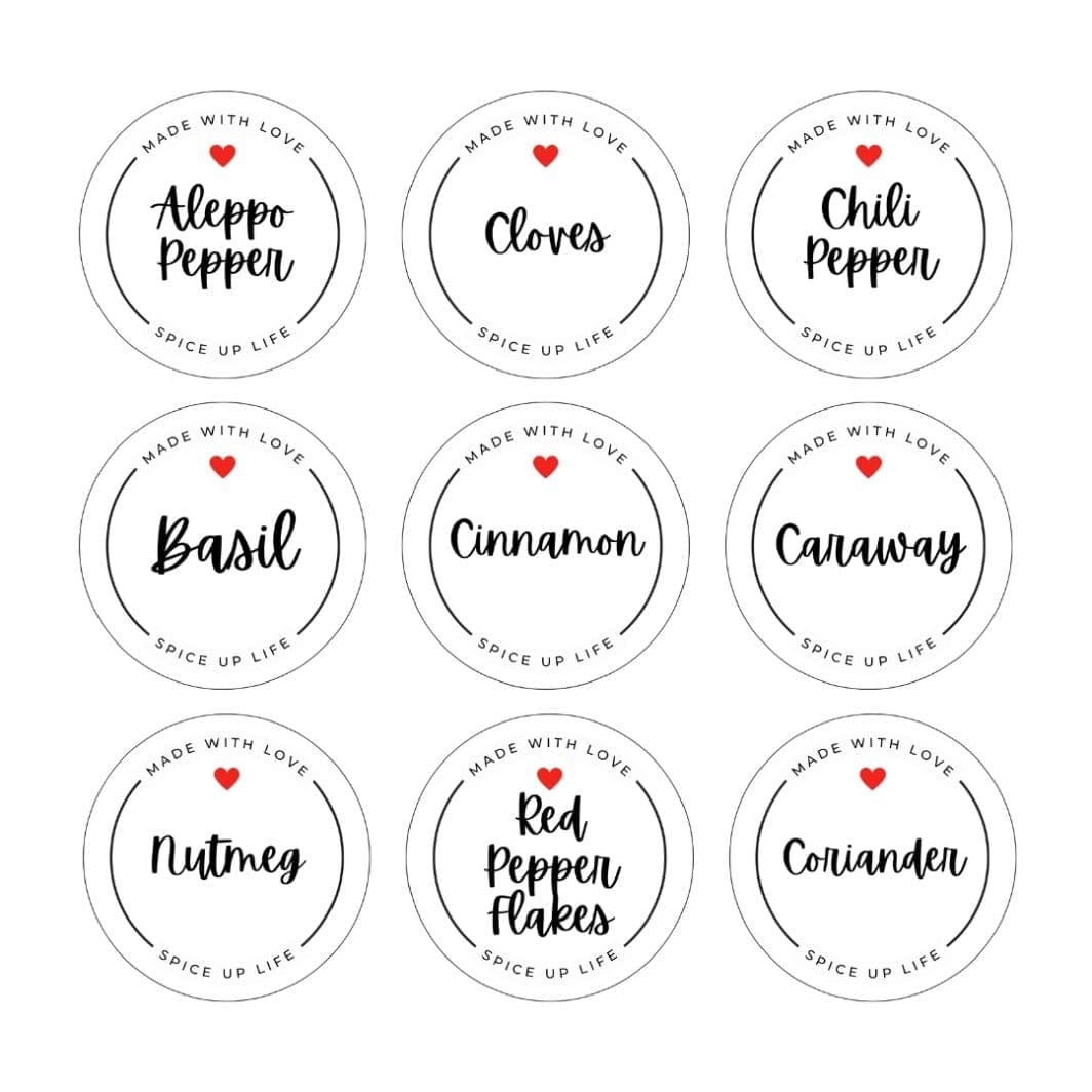This image features a well-organized kitchen setup showcasing jars filled with spices. Jars are labeled "Black Pepper" and other 75 names of spices, peppers, and herbs, and can be places on your kitchen countertop. They are available uniquely at SharekknaOnline.com. The jars labels can be downloaded as png with transparent background, or as pdf with 8 labels per page, and can be printed at home or your local print house.