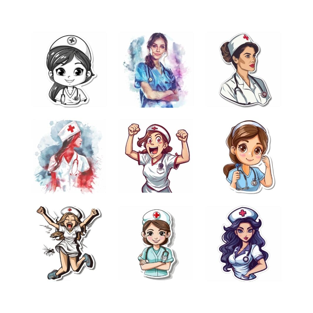This image contains SVG and PNG nurse clipart that is used in Web Design for icons, logos, and illustrations, branding resized for various formats, from business cards to billboards, without losing quality, infographics without distortion, animation, Printable Materials, Educational Resources, Email Marketing, Presentation Slides in Microsoft PowerPoint or Google Slides, Cutting Machines for crafters Cricut or Silhouette, preferred format for cutting vinyl, paper, and other materials. They are available uniquely at SharekknaOnline.com. The clipart SVGs can be downloaded with transparent background and printed at home or your local print house.