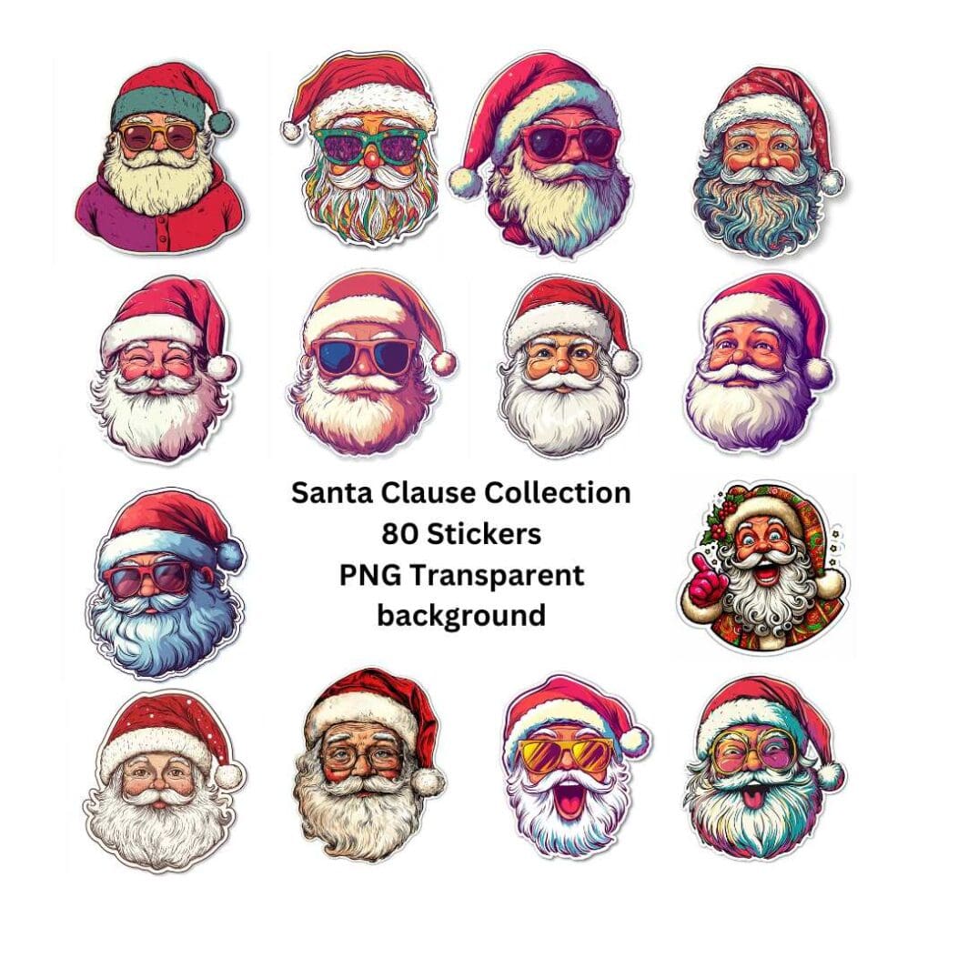 This image contains cute Santa clause and christmas stickers for digital use on Mobile Devices (iOS and Android), Messaging and social media, Digital Planners and Journals, Apps like GoodNotes, Notability, or Penly, Scrapbooking and Design Apps: Import the stickers into your favorite digital scrapbooking or design apps. Also, for physical use such as greeting Cards and Invitations, party decorations, such as cupcake toppers, banners, or name tags and personal items such as laptops, phone cases, notebooks, or water bottles with your printed stickers for a unique touch. They are available uniquely at SharekknaOnline.com. The stickers can be downloaded as png with transparent background and printed at home or your local print house.