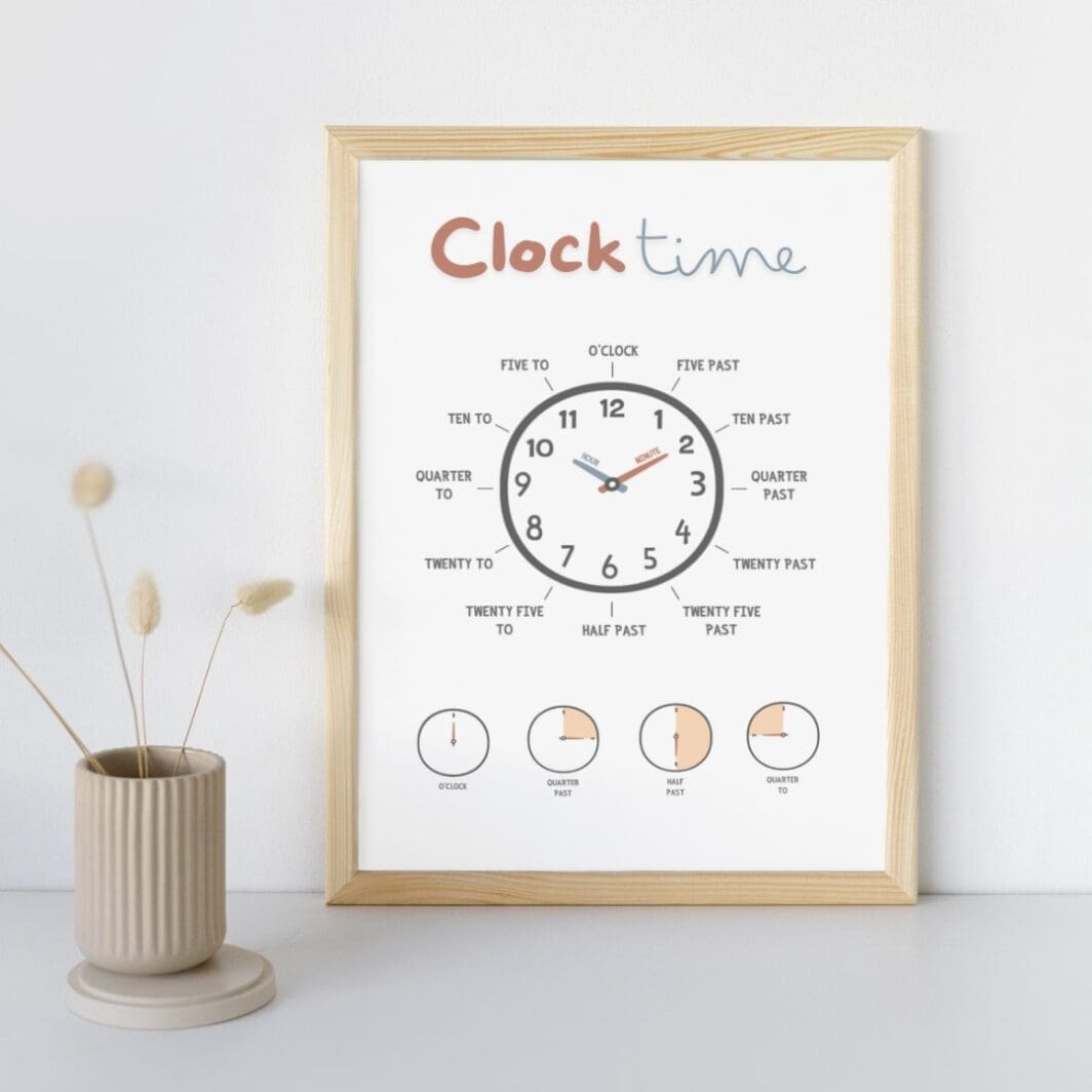 This beautifully designed Clock Time Poster is perfect for teaching children or anyone new to telling time. With a clear and easy-to-follow layout, it features both the minute and hour hand placements, highlighting key moments like 'quarter past,' 'half past,' and 'quarter to.' The poster also includes visual representations for common time expressions to make learning fun and interactive. Ideal for classrooms or home learning, download this poster today and make time-telling simple and engaging!