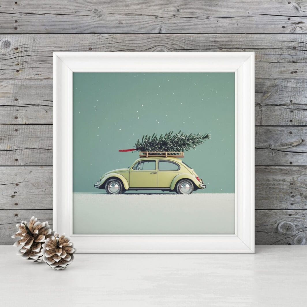 Festive concept art of a vintage Volkswagen Beetle with a Christmas tree on the roof. Available as a 3000x3000 px digital download in PDF, perfect for digital display or printing at sizes like 10x10 in (25.4x25.4 cm), 12x12 in (30.5x30.5 cm), or 16x16 in (40.6x40.6 cm).