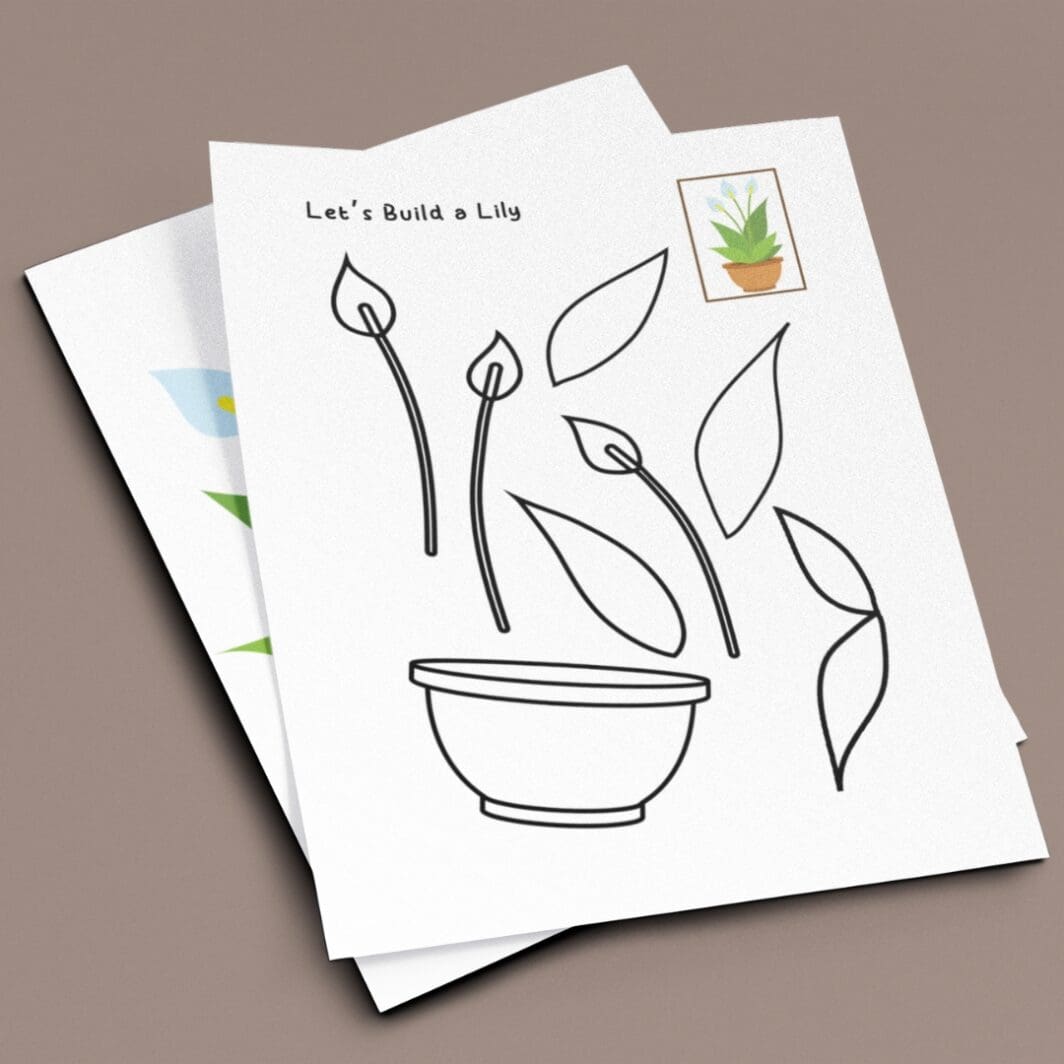 Black-and-white printable activity sheet featuring a plant design with separate shapes to cut out, including leaves, a pot, and a stem. The sheet includes dotted lines for easy cutting and is perfect for a fun and creative kids' craft activity.