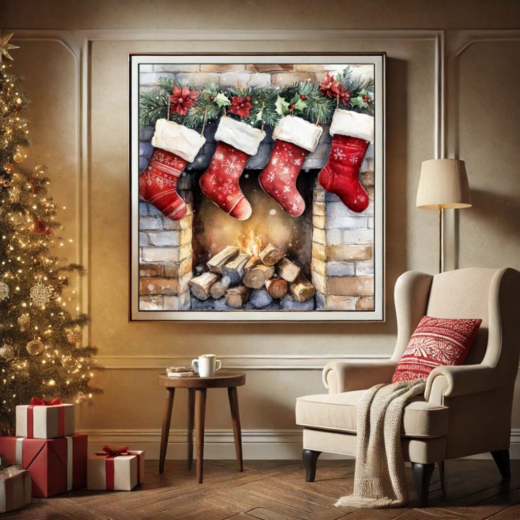 An artistic poster featuring watercolor illustrations of cozy Christmas socks hanging with festive decorations, displayed on a warmly lit wall. The design exudes holiday charm with soft, vibrant hues, perfect for creating a cozy seasonal atmosphere.