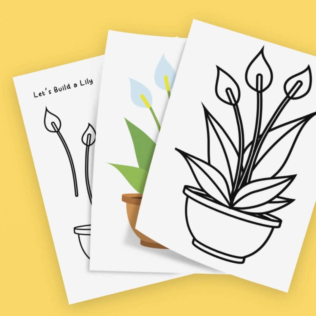 Black-and-white printable activity sheet featuring a plant design with separate shapes to cut out, including leaves, a pot, and a stem. The sheet includes dotted lines for easy cutting and is perfect for a fun and creative kids' craft activity.