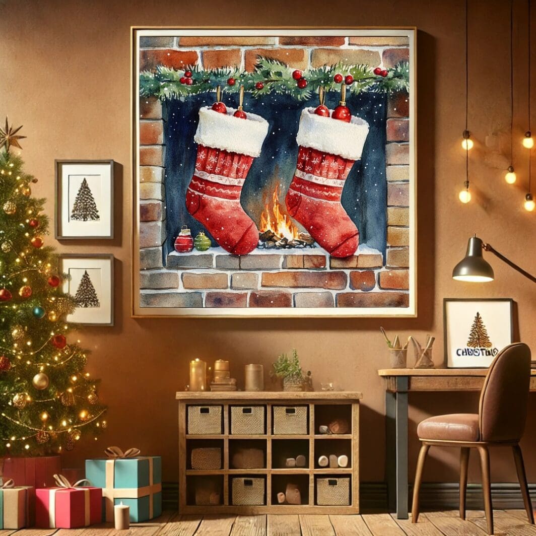 An artistic poster featuring watercolor illustrations of cozy Christmas socks hanging with festive decorations, displayed on a warmly lit wall. The design exudes holiday charm with soft, vibrant hues, perfect for creating a cozy seasonal atmosphere.