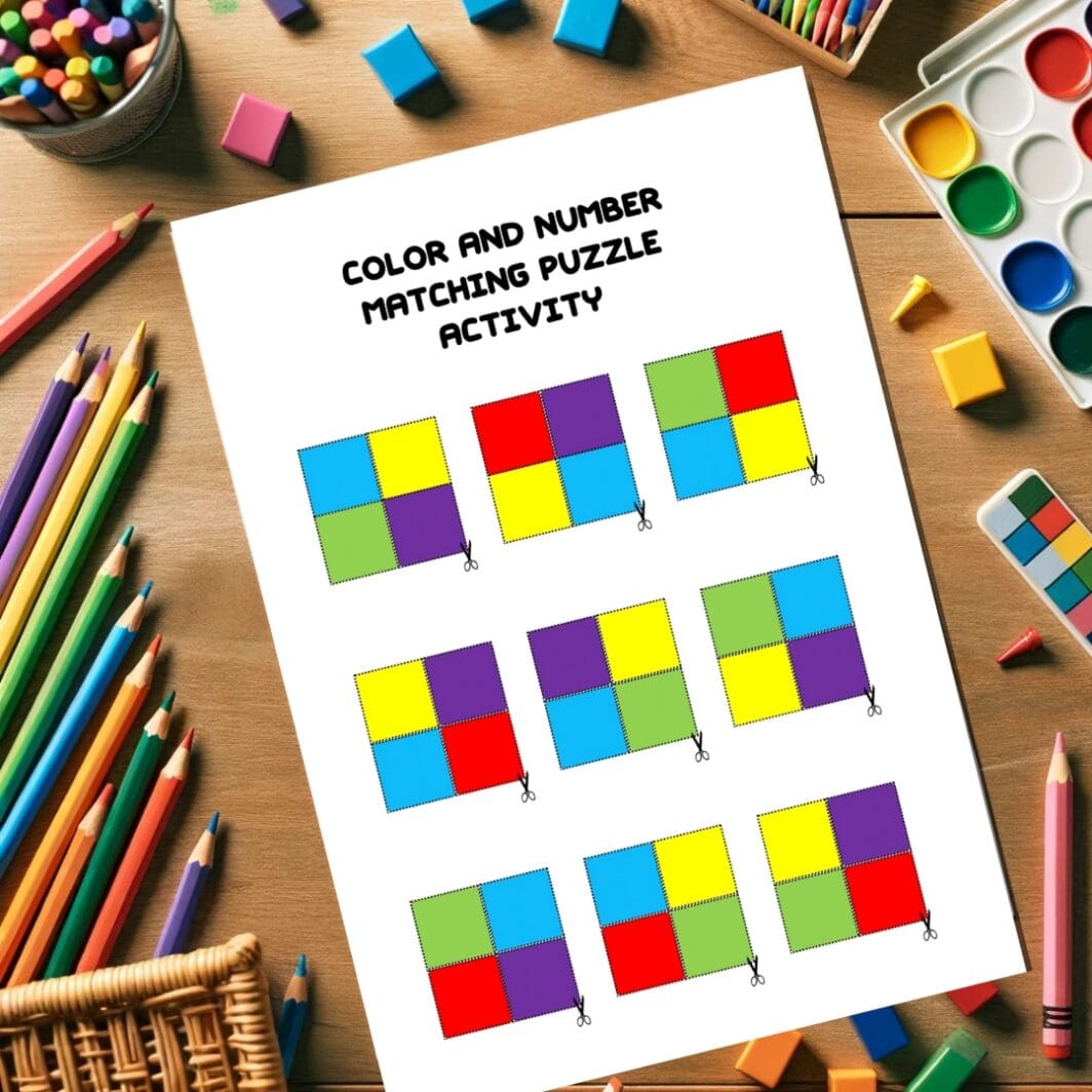 This is an image of Color and Number Matching Puzzle Activity Sheet with colorful tiles and numbered grids for kids to cut, match, and paste. A fun and educational hands-on learning activity for enhancing fine motor skills and color recognition.