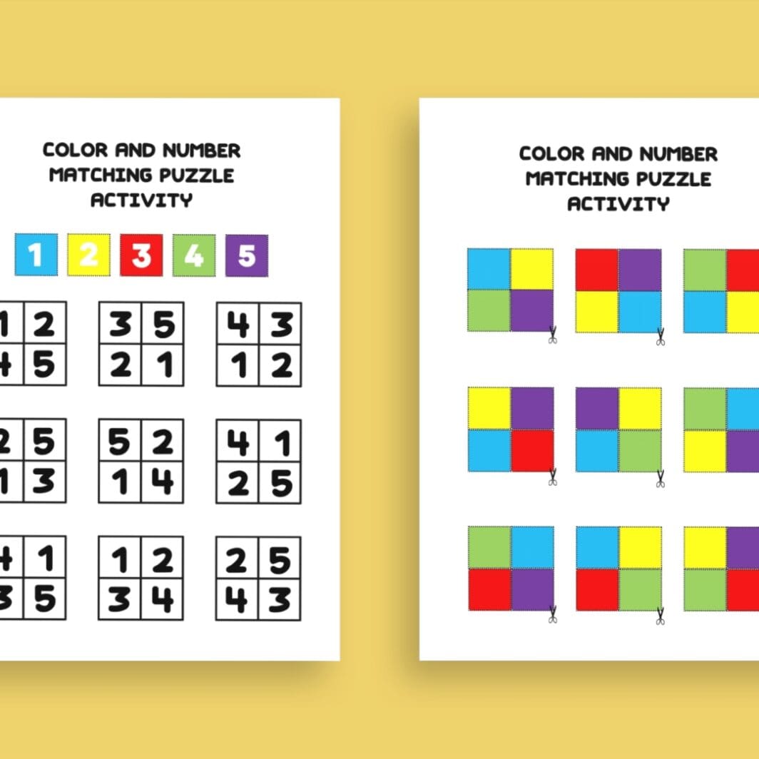 This is an image of Color and Number Matching Puzzle Activity Sheet with colorful tiles and numbered grids for kids to cut, match, and paste. A fun and educational hands-on learning activity for enhancing fine motor skills and color recognition.