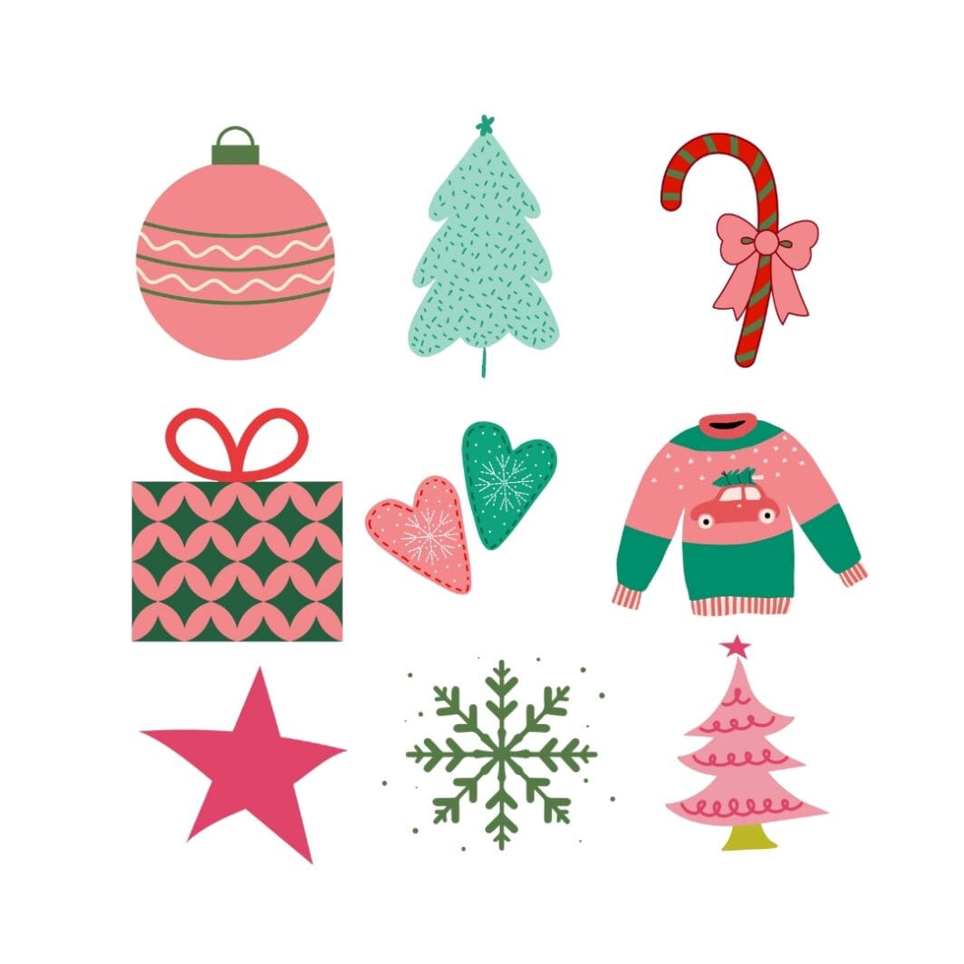 A festive collection of 13 pink and red Christmas-themed stickers arranged on a white background, featuring cozy mittens, candy canes, ornaments, Santa, Christmas trees, stockings, snowflakes, holly, gifts, and other cute holiday designs, perfect for digital or printable use to decorate cards, planners, and scrapbooks during the holiday season.