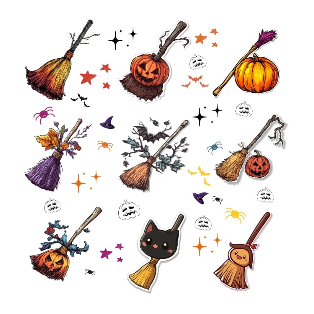 Witch brooms Stickers for digital use on Mobile Devices, Messaging, and social media, Digital Planners and Journals, Apps like GoodNotes, Scrapbooking, and Design Apps: Import the stickers into your favorite digital scrapbooking or design apps. You can use them for greeting Cards, party decorations, name tags, laptops, phone cases, or water bottles. Available only at Sharekknaonline.com. All stickers can be downloaded as PNG with a transparent background and printed at home or your local print house.