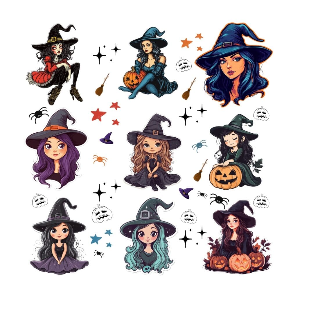 Witch and Halloween Stickers for digital use on Mobile Devices, Messaging, and social media, Digital Planners and Journals, Apps like GoodNotes, Scrapbooking, and Design Apps: Import the stickers into your favorite digital scrapbooking or design apps. You can use them for greeting Cards, party decorations, name tags, laptops, phone cases, or water bottles. Available only at Sharekknaonline.com. All stickers can be downloaded as PNG with a transparent background and printed at home or your local print house.