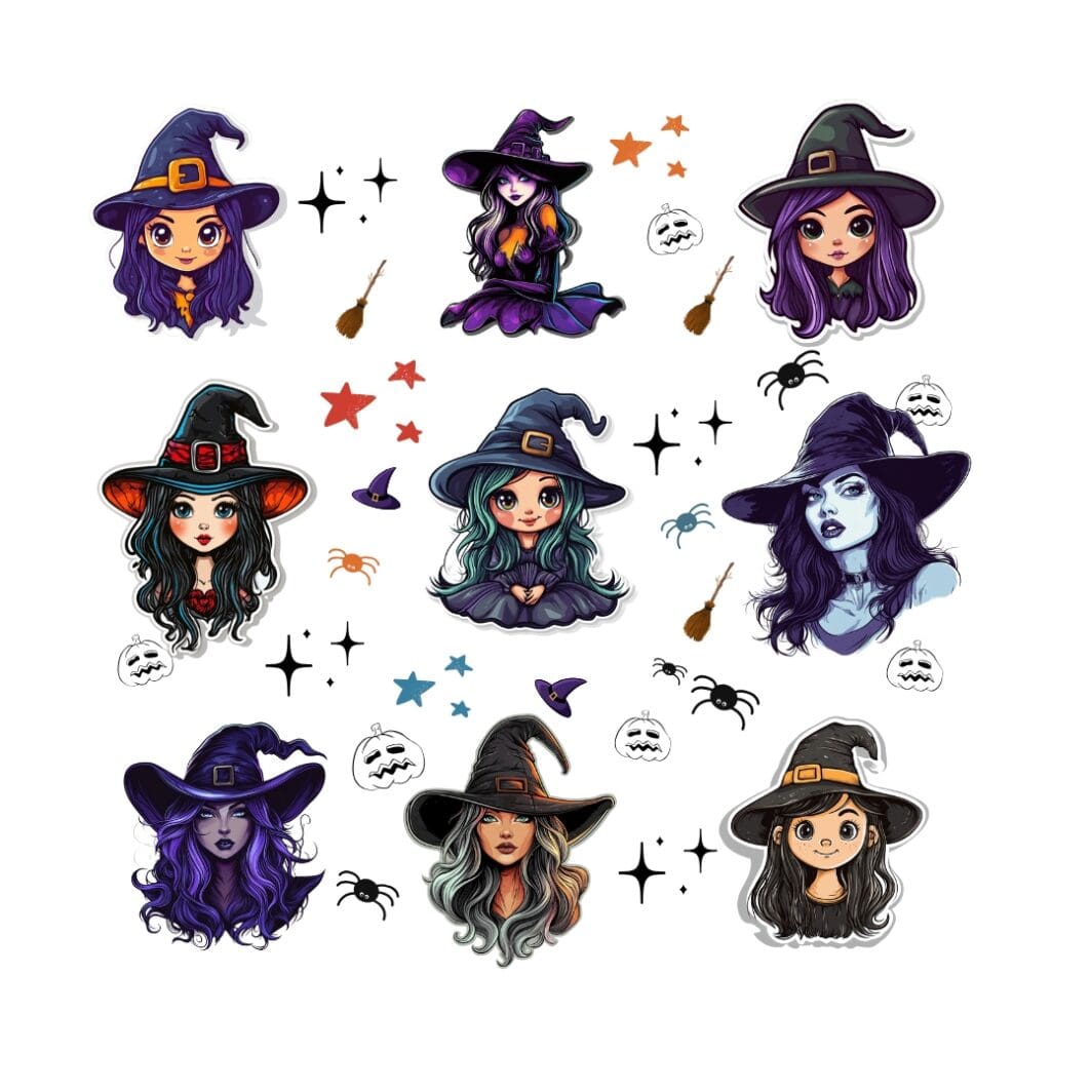 Witch and Halloween Stickers for digital use on Mobile Devices, Messaging, and social media, Digital Planners and Journals, Apps like GoodNotes, Scrapbooking, and Design Apps: Import the stickers into your favorite digital scrapbooking or design apps. You can use them for greeting Cards, party decorations, name tags, laptops, phone cases, or water bottles. Available only at Sharekknaonline.com. All stickers can be downloaded as PNG with a transparent background and printed at home or your local print house.