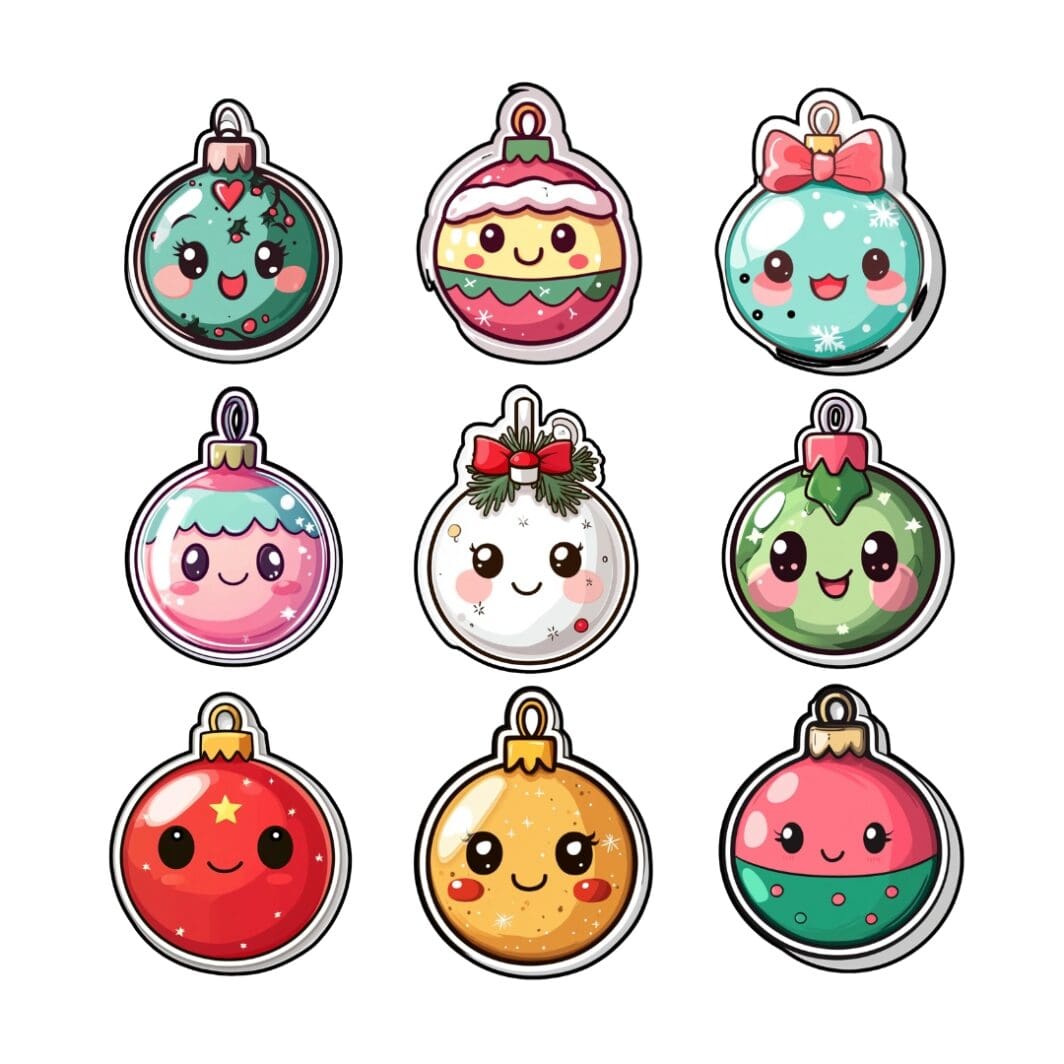 An image showcasing 33 Christmas Balls Kawaii Stickers with adorable faces and festive designs. Each sticker features a unique combination of cute expressions, holiday decorations, and vibrant colors, such as red, green, blue, and pink. The stickers have a transparent PNG background, making them perfect for crafting, decorating, and holiday-themed projects.