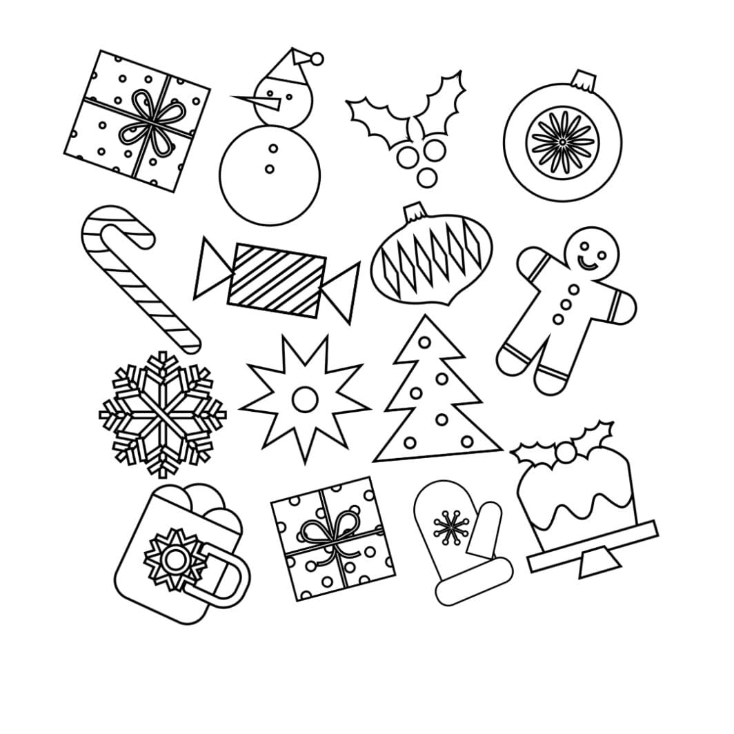 This image shows High-resolution Christmas coloring pages for kids featuring festive designs like Santa Claus, Christmas trees, ornaments, reindeer, and holiday scenes, perfect for printing and unlimited use.