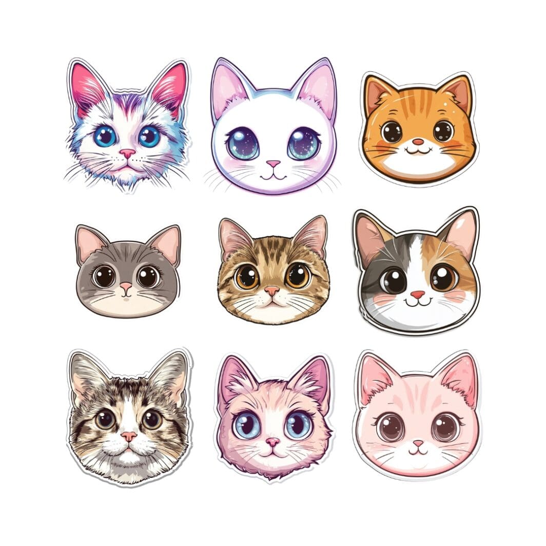 Illustrated cover featuring a collection of 73 adorable kitty head stickers, each with unique expressions and colorful designs, arranged in a playful grid on a pastel background.