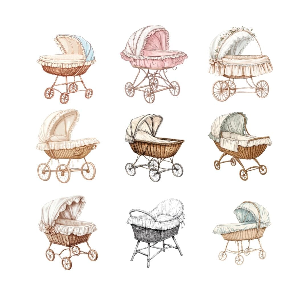 Cover image of the Baby Bassinet Grand Millennial Clipart Collection featuring 24 high-resolution designs of vintage-inspired baby bassinets in soft, pastel tones, perfect for baby shower invitations, nursery decor, and more.