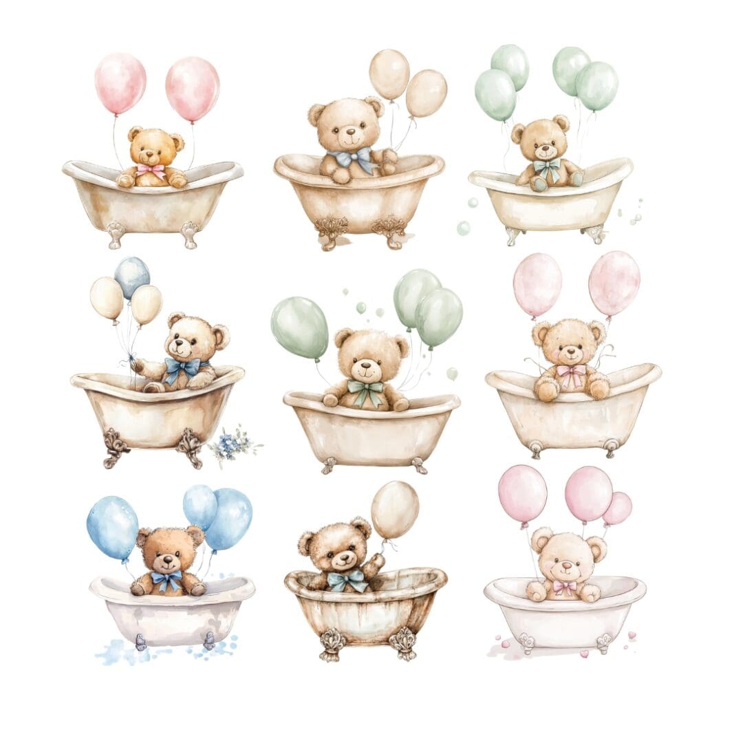 A whimsical collection of 49 vintage-style clipart illustrations featuring adorable teddy bears sitting in charming, old-fashioned bathtubs. The bears are depicted in various playful poses, some surrounded by bubbles, rubber duckies, and bath accessories, creating a delightful and nostalgic scene perfect for crafting or design projects.