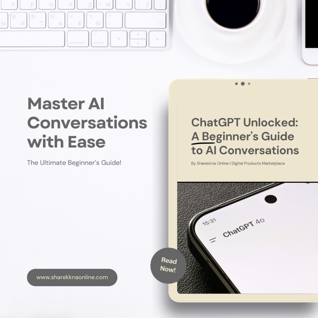 Cover image of the eBook 'ChatGPT Unlocked: A Beginner's Guide to AI Conversations' – a high-resolution, 35-page printable A4-sized digital guide for mastering AI interactions, perfect for beginners and tech enthusiasts.