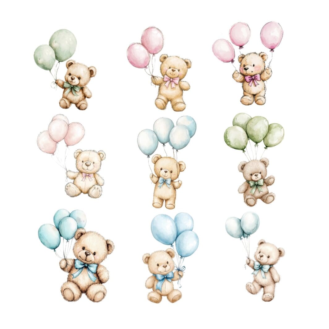 Illustration of a clipart collection featuring 32 adorable teddy bears, each holding a colorful balloon. The teddy bears vary in poses, colors, and expressions, with balloons in a mix of bright hues like red, blue, yellow, and green. Some bears are sitting, standing, or playfully interacting with their balloons, creating a cheerful and festive vibe.