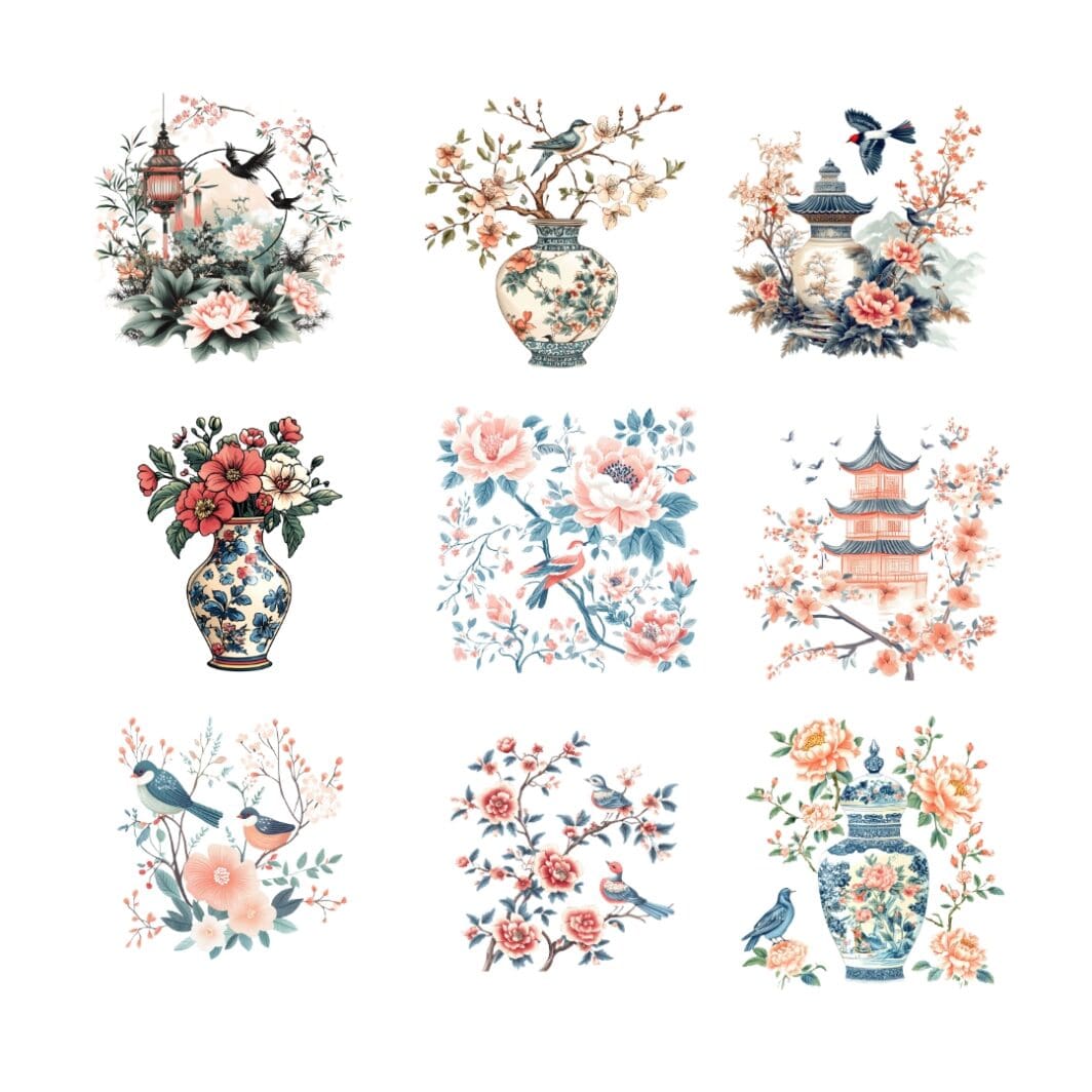 Cover image of the Floral Grand Millennial Clipart Collection featuring elegant vintage-inspired floral designs in soft, timeless hues, highlighting the 18 high-resolution digital files included.