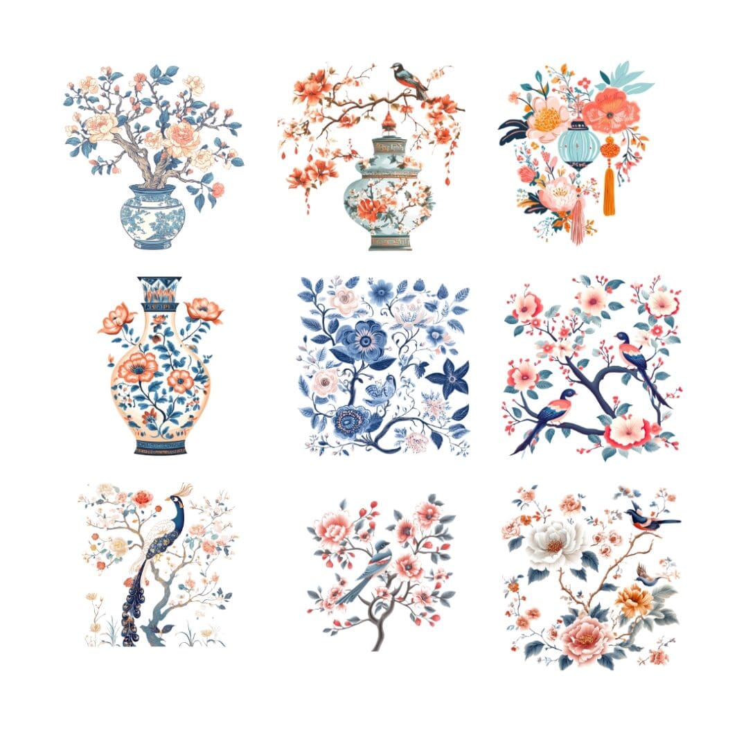 Cover image of the Floral Grand Millennial Clipart Collection featuring elegant vintage-inspired floral designs in soft, timeless hues, highlighting the 18 high-resolution digital files included.