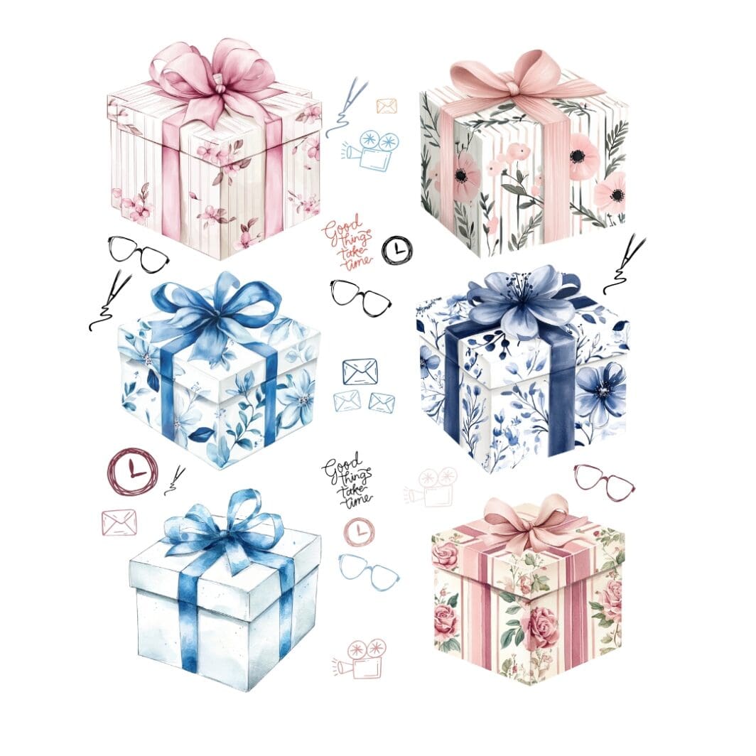 Cover image of the Gift Box Grand Millennial Pastel Clipart Collection featuring 6 beautifully illustrated gift boxes in soft pastel colors, showcasing vintage-inspired details and high-resolution designs.