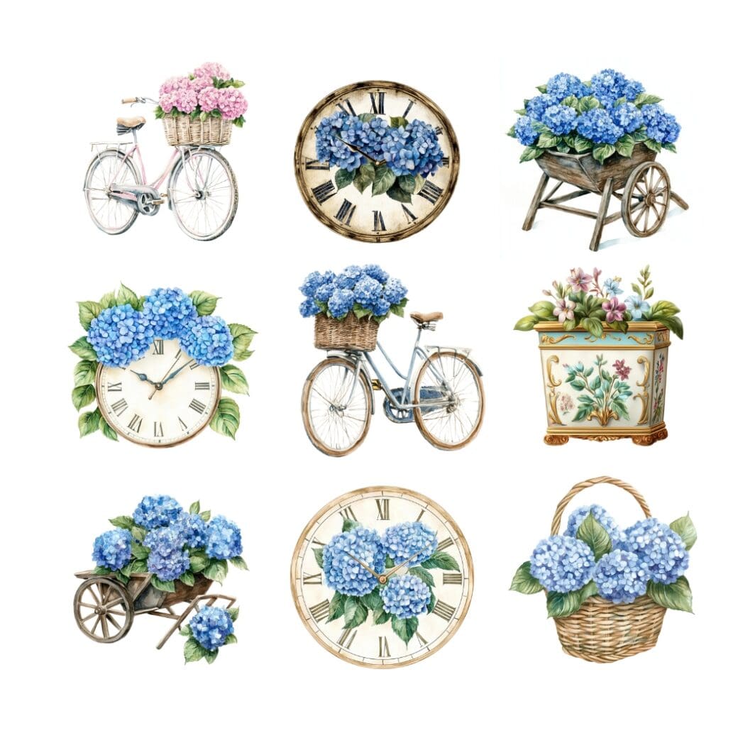 Cover image of the Grand Millennial Pastel Clipart Collection showcasing 38 individual high-resolution designs, including pastel-colored bicycles with hydrangeas, flower baskets, balcony flower pots, and a vintage-style wall clock.