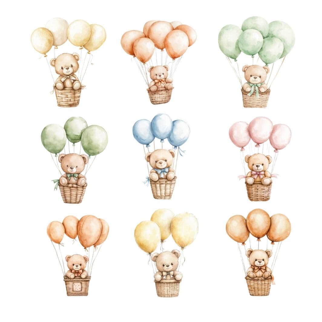 A delightful cover image showcasing a charming collection of hot air balloon-themed teddy bear clipart. The scene features cute teddy bears riding in colorful, vintage-style hot air balloons adorned with decorative patterns, ribbons, and whimsical details. Fluffy clouds and a dreamy sky backdrop enhance the playful and cheerful vibe of the collection.