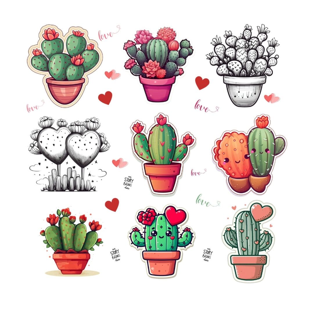 Cover image showcasing 24 vibrant Valentine Cactus Love Stickers with transparent backgrounds, featuring adorable cactus designs in romantic themes, perfect for digital and craft projects.