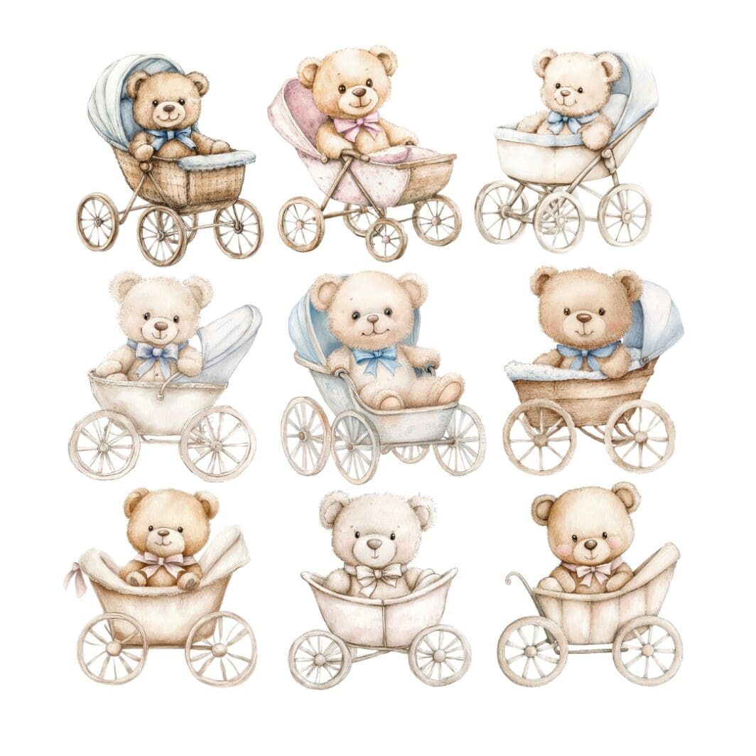 Cover image featuring a charming vintage-style illustration of a teddy bear sitting in an ornate, old-fashioned stroller with delicate floral accents, set against a soft pastel background.