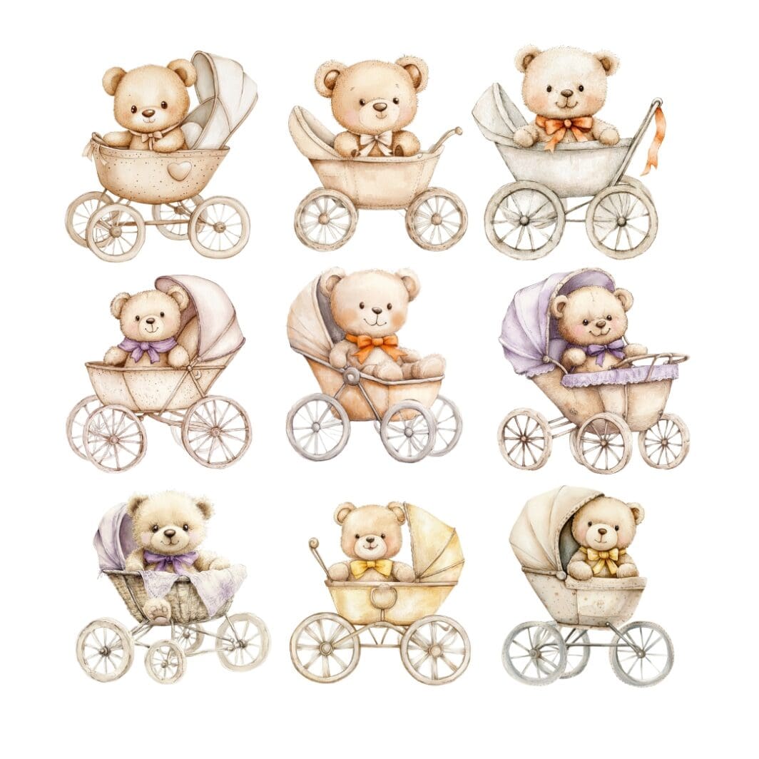 Cover image featuring a charming vintage-style illustration of a teddy bear sitting in an ornate, old-fashioned stroller with delicate floral accents, set against a soft pastel background.