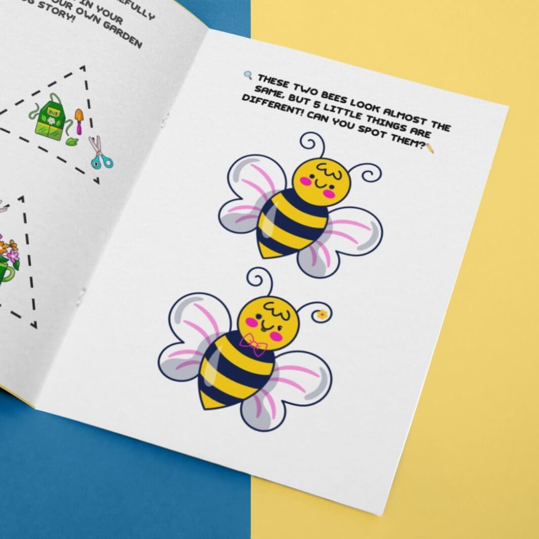 Spring Friends Activity Sheets for preschool and kindergarten — illustrated cover featuring cute snail, ladybug, bee, flower baskets, and wheelbarrow in a cheerful yellow spring palette.