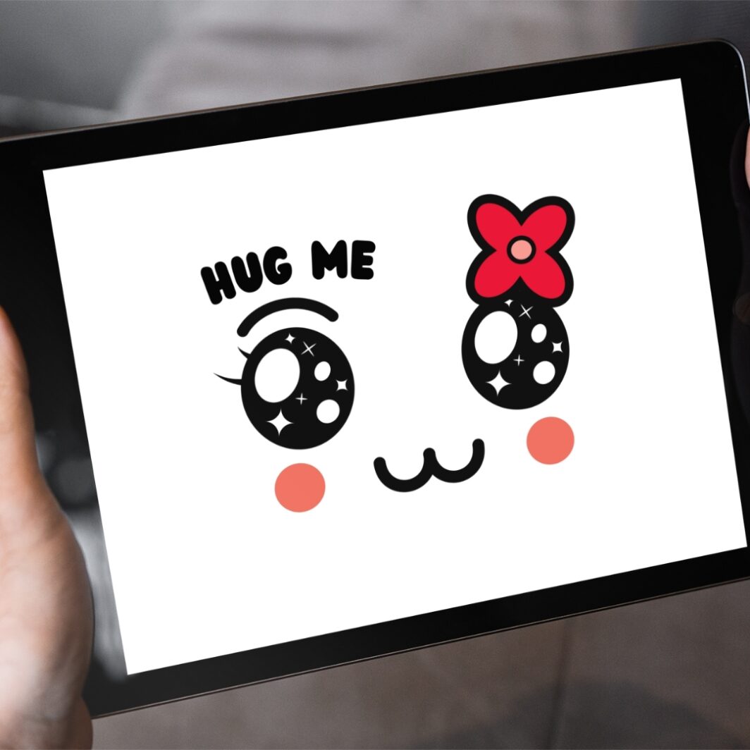 Cover image of 44 kawaii emoticon word stickers in black, white, and red colors, featuring cute expressions like 'Fuming Babe,' 'Love Bomb,' and 'Brain Fog' – available as PNG and PDF for digital and printable use