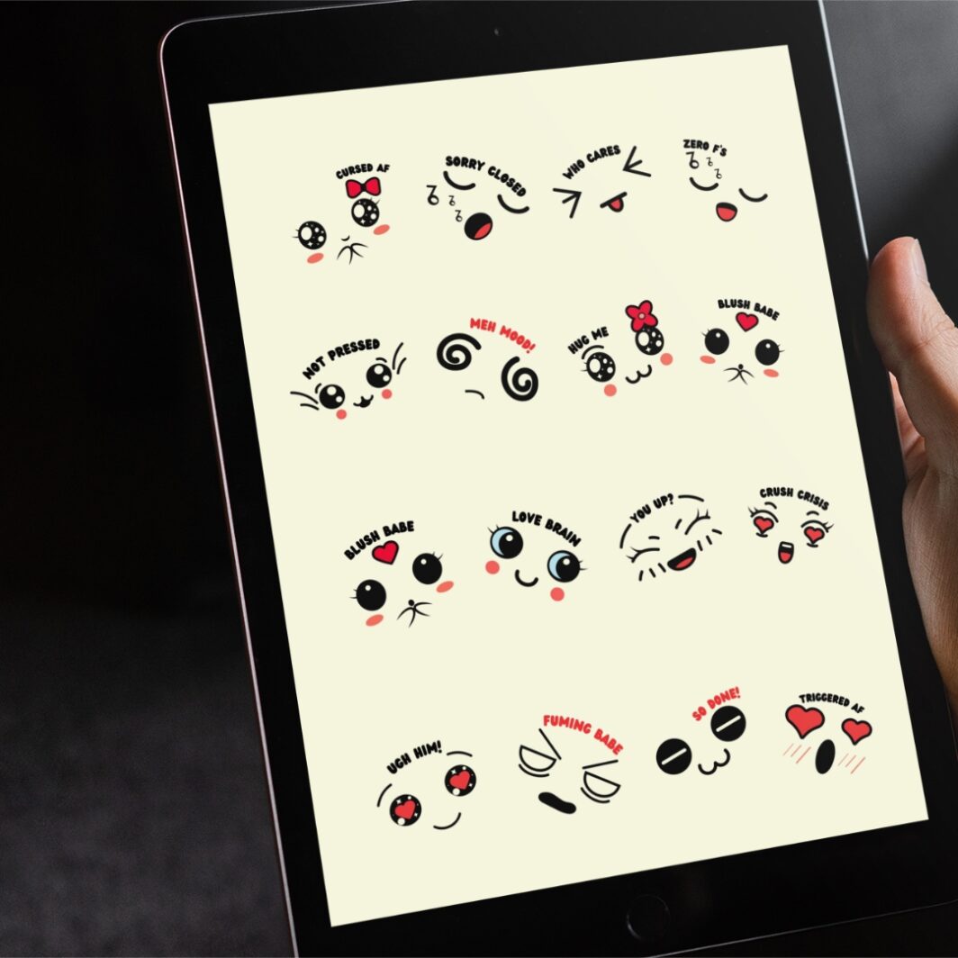 Cover image of 44 kawaii emoticon word stickers in black, white, and red colors, featuring cute expressions like 'Fuming Babe,' 'Love Bomb,' and 'Brain Fog' – available as PNG and PDF for digital and printable use