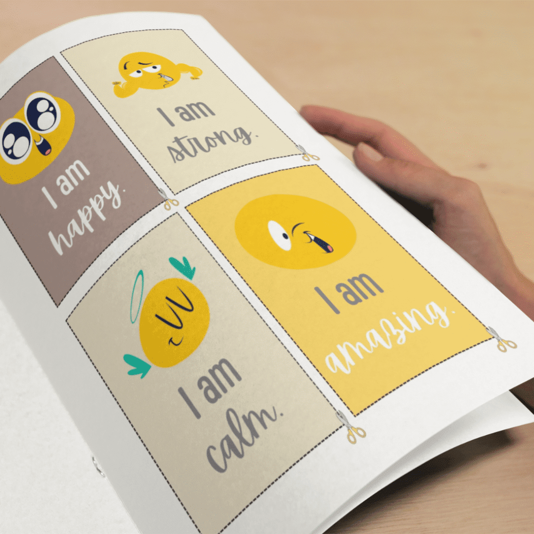 Printable instruction page for 'About Me Cards' featuring cheerful fonts, yellow stars, and simple icons explaining how kids can use the affirmation cards and play a quick confidence-boosting game